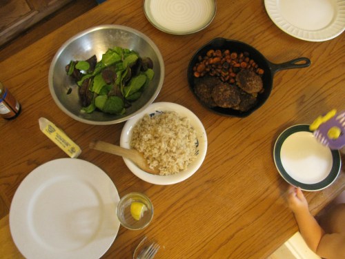 patties, rice, carrots and salad